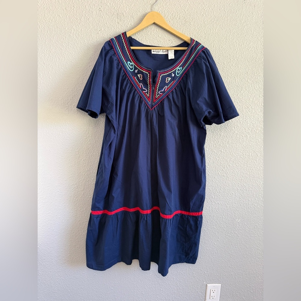 Maggie Starr Kaftan Dress‎ Front Zip Up Size Large 100% Cotton Embroidered